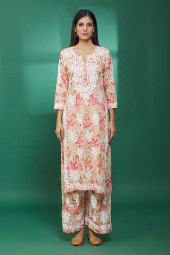 The Chikankarists_Beige Mul Cotton Chikankari Kurta And Palazzo Set_Online_at_Aza_Fashions
