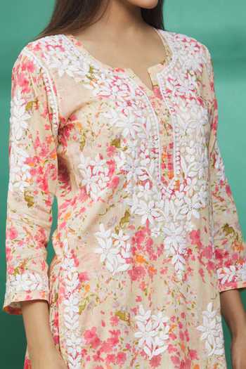 Shop_The Chikankarists_Beige Mul Cotton Chikankari Kurta And Palazzo Set_Online_at_Aza_Fashions
