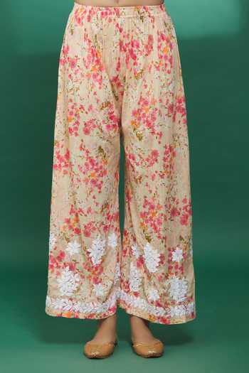 The Chikankarists_Beige Mul Cotton Chikankari Kurta And Palazzo Set_at_Aza_Fashions