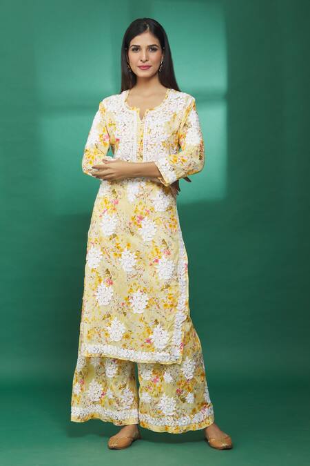 Buy_The Chikankarists_Yellow Mul Cotton Printed Kurta And Chikankari Palazzo Set_Online_at_Aza_Fashions