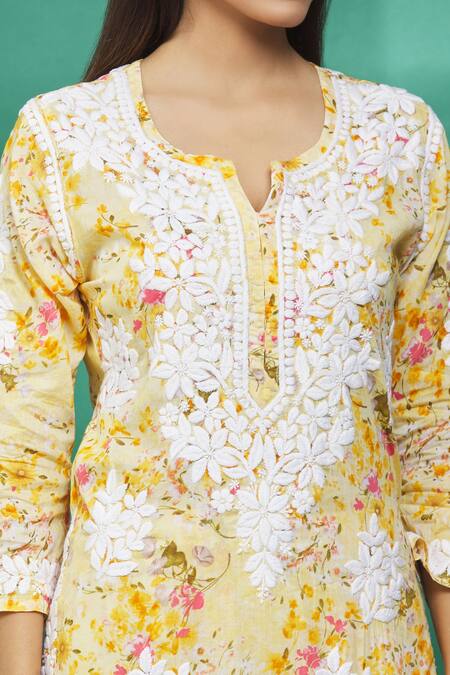 Shop_The Chikankarists_Yellow Mul Cotton Printed Kurta And Chikankari Palazzo Set_Online_at_Aza_Fashions