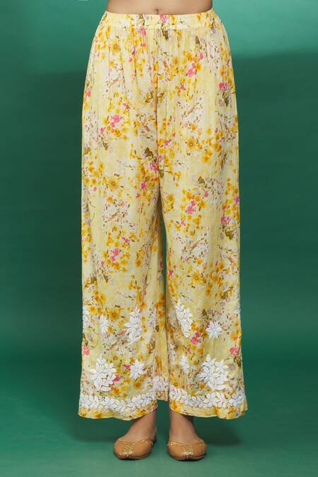 The Chikankarists_Yellow Mul Cotton Printed Kurta And Chikankari Palazzo Set_at_Aza_Fashions