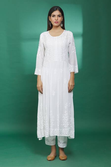 The Chikankarists_White Semi Crepe Chikankari A-line Kurta_Online_at_Aza_Fashions