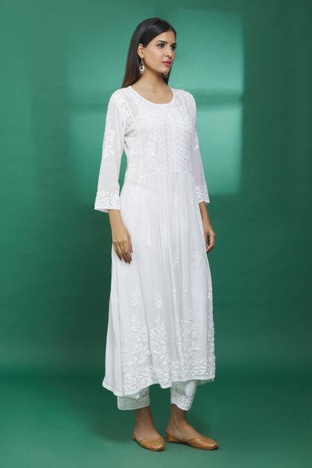 Buy_The Chikankarists_White Semi Crepe Chikankari A-line Kurta_Online_at_Aza_Fashions