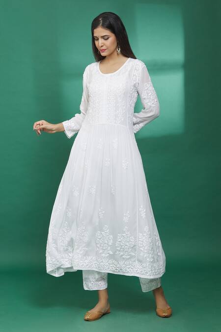 Shop_The Chikankarists_White Semi Crepe Chikankari A-line Kurta_Online_at_Aza_Fashions