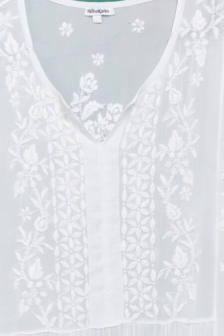 The Chikankarists_White Semi Crepe Chikankari A-line Kurta_at_Aza_Fashions