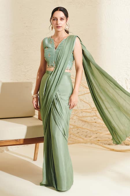 Flamingo the label Green Saree Chiffon Hand Embroidered Blouse Floral Notched V Pre-stitched With