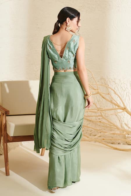 Shop Label Flamingo By Vrinda Green Silk, Chiffon Embroidery, Sequins V-neck Pre-stitched Saree With Blouse at Aza Fashions Shop_Label Flamingo By Vrinda_Green Silk, Chiffon Embroidery, Sequins V-neck Pre-stitched Saree With Blouse _at_Aza_Fashions