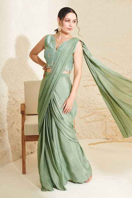Buy Label Flamingo By Vrinda Green Silk, Chiffon Embroidery, Sequins V-neck Pre-stitched Saree With Blouse Online at Aza Fashions Buy_Label Flamingo By Vrinda_Green Silk, Chiffon Embroidery, Sequins V-neck Pre-stitched Saree With Blouse _Online_at_Aza_Fashions