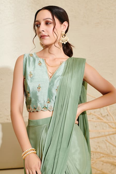 Shop Label Flamingo By Vrinda Green Silk, Chiffon Embroidery, Sequins V-neck Pre-stitched Saree With Blouse Online at Aza Fashions Shop_Label Flamingo By Vrinda_Green Silk, Chiffon Embroidery, Sequins V-neck Pre-stitched Saree With Blouse _Online_at_Aza_Fashions