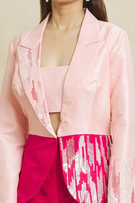 Buy Samyukta Singhania Pink Silk Sequins Square Neck Color Block Blazer Pant Set Online at Aza Fashions Buy_Samyukta Singhania_Pink Silk Sequins Square Neck Color Block Blazer Pant Set _Online_at_Aza_Fashions