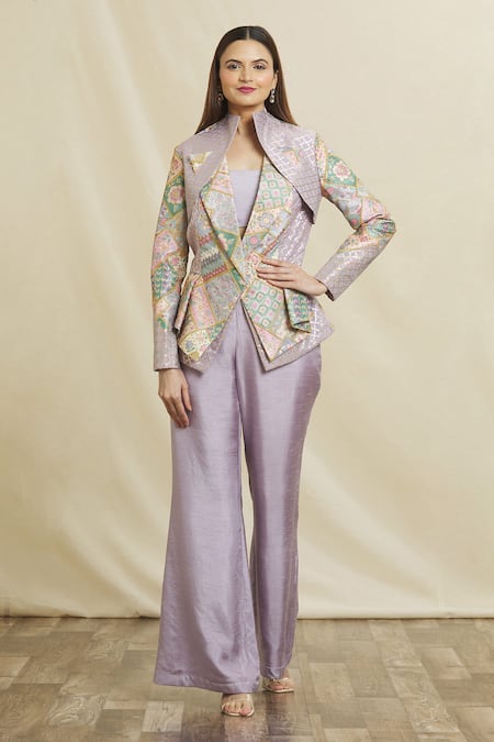 Samyukta Singhania Purple Silk Floral Blazer Lapel Collar Art Embellished Pant Set 