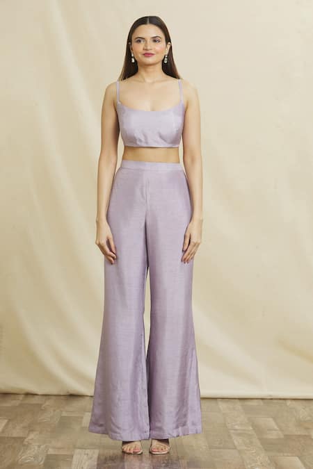 Samyukta Singhania_Purple Silk Embroidery Square Neck Floral Art Embellished Blazer Pant Set _Online_at_Aza_Fashions