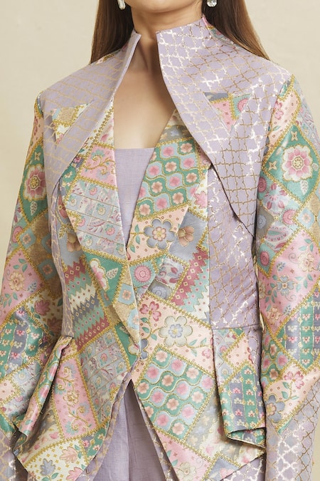 Shop_Samyukta Singhania_Purple Silk Embroidery Square Neck Floral Art Embellished Blazer Pant Set _Online_at_Aza_Fashions