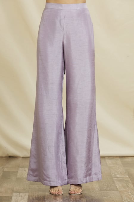 Samyukta Singhania_Purple Silk Embroidery Square Neck Floral Art Embellished Blazer Pant Set _at_Aza_Fashions