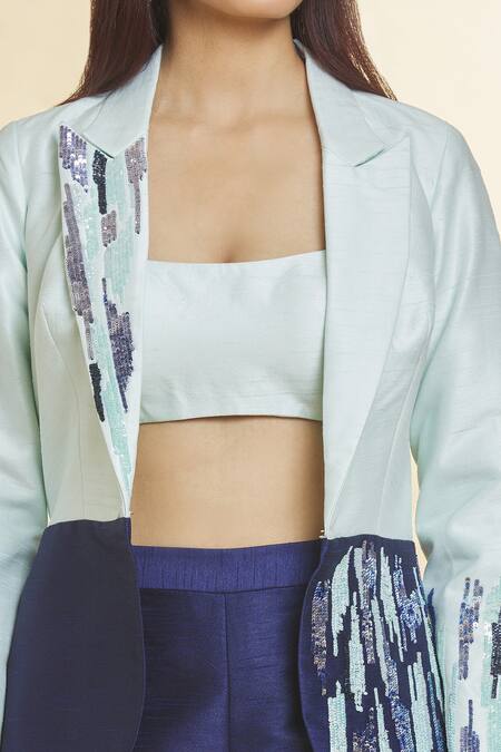 Buy Samyukta Singhania Blue Silk Sequins Collared, Square Neck Color Block Embellished Blazer Pant Set Online at Aza Fashions Buy_Samyukta Singhania_Blue Silk Sequins Collared, Square Neck Color Block Embellished Blazer Pant Set _Online_at_Aza_Fashions