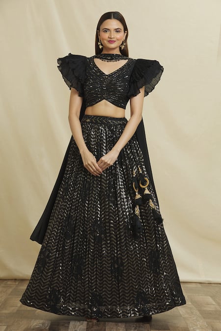Buy Black Blouse Georgette Embellished Sequin Sweetheart Neck Lehenga Set  For Women by Samyukta Singhania Online at Aza Fashions.