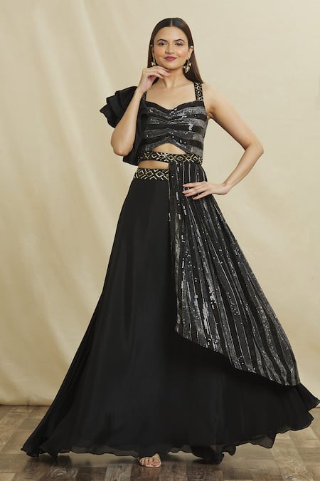 Buy Black Blouse Embroidered Sequin Plunge V Neck Lehenga Set For Women by  Priti Sahni Online at Aza Fashions.