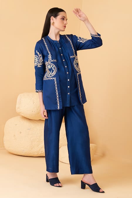 Divi by sonal khandelwal Blue Top Zari Embroidered Jacket With Chanderi Pant Set
