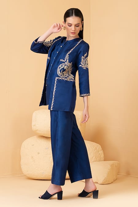 Divi By Sonal Khandelwal_Blue Modal, Satin, Chanderi Pearls, Sequins, Embroidered Jacket With Pant Set _Online_at_Aza_Fashions