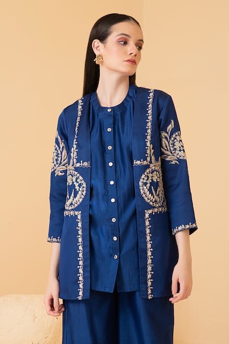 Buy_Divi By Sonal Khandelwal_Blue Modal, Satin, Chanderi Pearls, Sequins, Embroidered Jacket With Pant Set _Online_at_Aza_Fashions