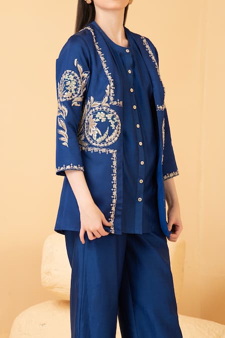 Shop_Divi By Sonal Khandelwal_Blue Modal, Satin, Chanderi Pearls, Sequins, Embroidered Jacket With Pant Set _Online_at_Aza_Fashions