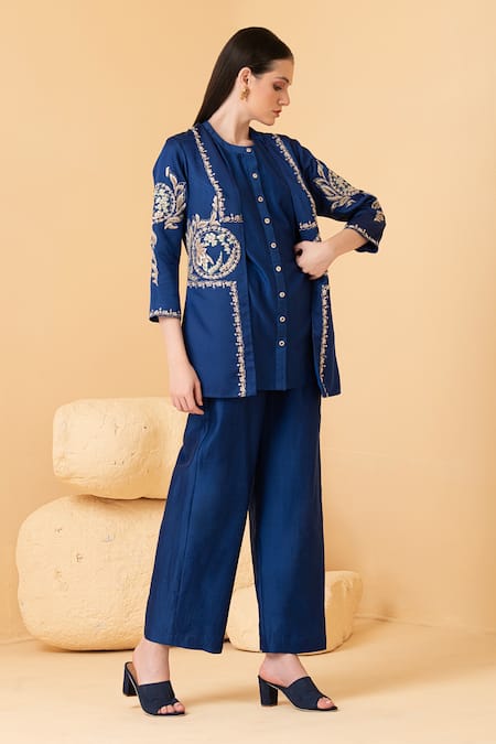 Divi By Sonal Khandelwal_Blue Modal, Satin, Chanderi Pearls, Sequins, Embroidered Jacket With Pant Set _at_Aza_Fashions