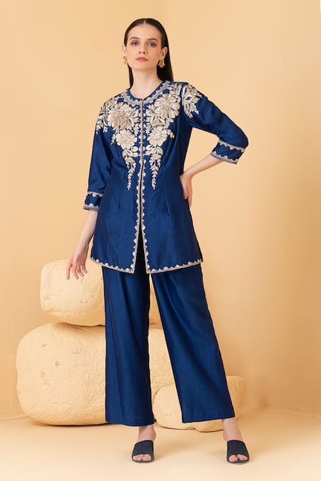 Divi by sonal khandelwal Chanderi Floral Embroidered Long Top With Palazzo 