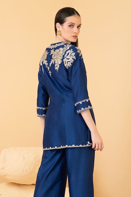 Divi By Sonal Khandelwal Chanderi Floral Embroidered Long Top With Palazzo 