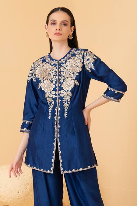 Divi By Sonal Khandelwal Blue Chanderi Sequins, Pearls, Zari Floral Embroidered Long Top With Palazzo Online at Aza Fashions Divi By Sonal Khandelwal_Blue Chanderi Sequins, Pearls, Zari Floral Embroidered Long Top With Palazzo _Online_at_Aza_Fashions