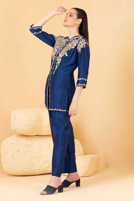 Buy Divi By Sonal Khandelwal Blue Chanderi Sequins, Pearls, Zari Floral Embroidered Long Top With Palazzo Online at Aza Fashions Buy_Divi By Sonal Khandelwal_Blue Chanderi Sequins, Pearls, Zari Floral Embroidered Long Top With Palazzo _Online_at_Aza_Fashions