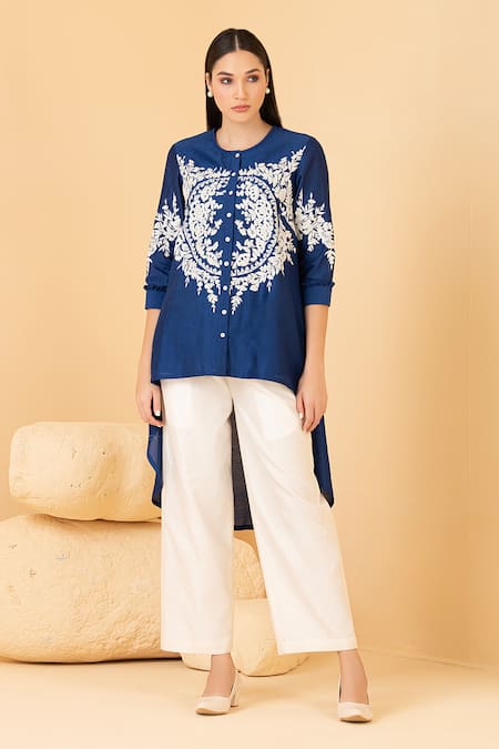 Divi by sonal khandelwal Chanderi Thread Embroidered High Low Top With Palazzo 