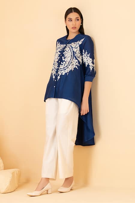 Divi By Sonal Khandelwal Chanderi Thread Embroidered High Low Top With Palazzo 