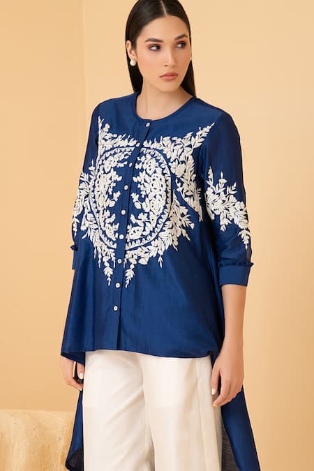 Divi By Sonal Khandelwal_Blue Chanderi, Cotton Pearls, Thread Embroidered High Low Top With Palazzo _Online_at_Aza_Fashions