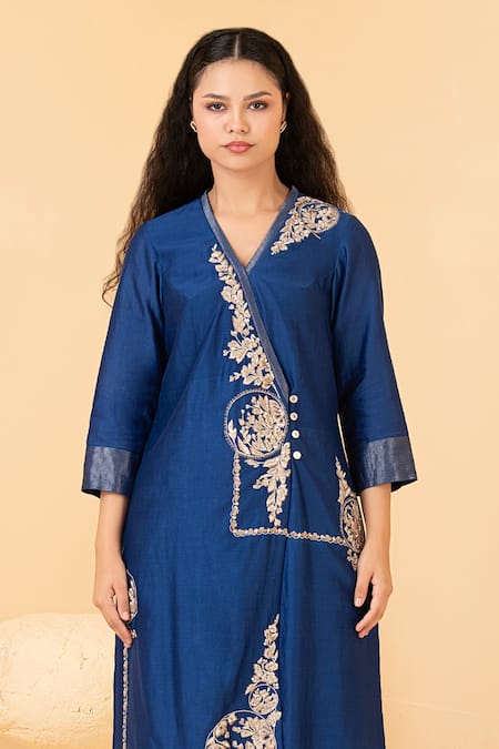 Divi By Sonal Khandelwal_Blue Chanderi Zari, Sequins, Pearls Asymmetric Embroidered Tunic With Pant _Online_at_Aza_Fashions