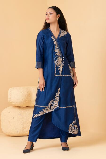 Buy_Divi By Sonal Khandelwal_Blue Chanderi Zari, Sequins, Pearls Asymmetric Embroidered Tunic With Pant _Online_at_Aza_Fashions
