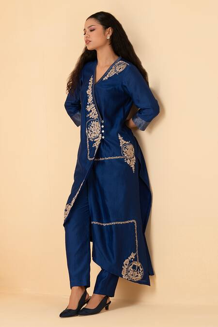 Shop_Divi By Sonal Khandelwal_Blue Chanderi Zari, Sequins, Pearls Asymmetric Embroidered Tunic With Pant _Online_at_Aza_Fashions