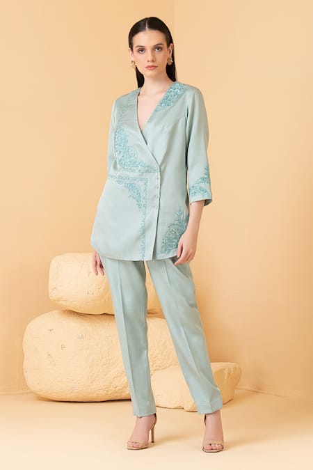 Divi By Sonal Khandelwal_Sky Blue Modal, Satin Pearls, Sequins Floral Jaal Embroidered Jacket With Pant _Online_at_Aza_Fashions
