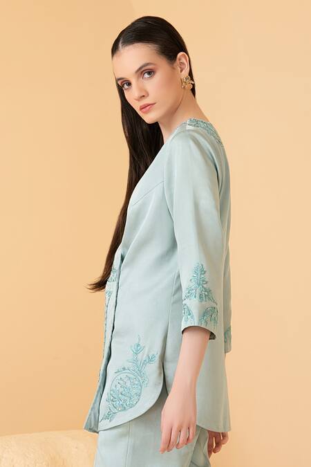 Buy_Divi By Sonal Khandelwal_Sky Blue Modal, Satin Pearls, Sequins Floral Jaal Embroidered Jacket With Pant _Online_at_Aza_Fashions