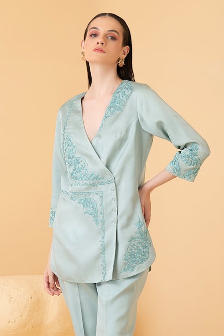 Shop_Divi By Sonal Khandelwal_Sky Blue Modal, Satin Pearls, Sequins Floral Jaal Embroidered Jacket With Pant _Online_at_Aza_Fashions