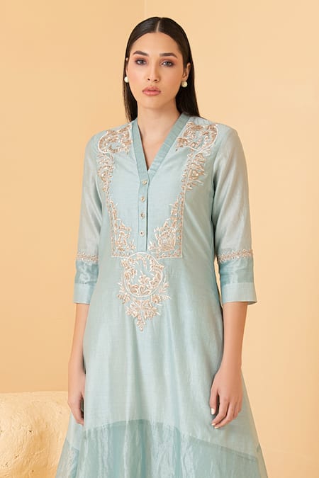 Buy_Divi By Sonal Khandelwal_Blue Chanderi Pearls, Sequins, Floral Embroidered Asymmetric Tunic With Pant _Online_at_Aza_Fashions