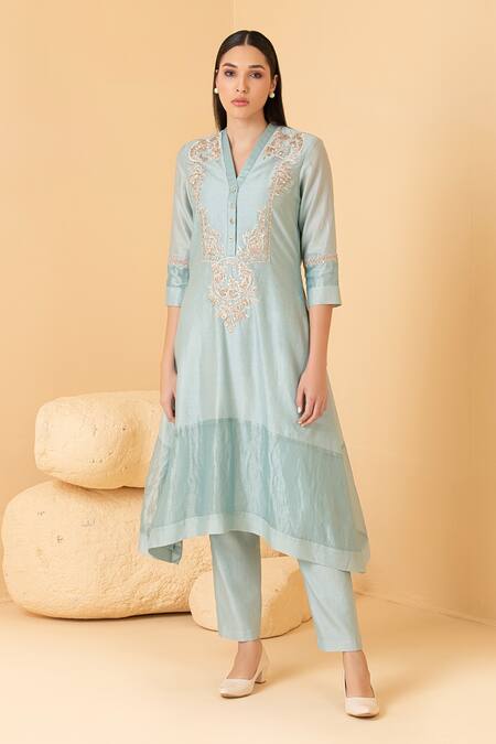 Shop_Divi By Sonal Khandelwal_Blue Chanderi Pearls, Sequins, Floral Embroidered Asymmetric Tunic With Pant _Online_at_Aza_Fashions