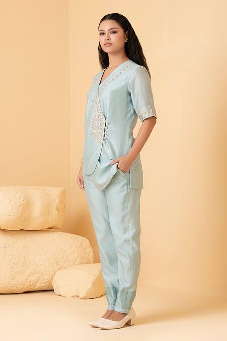 Shop_Divi By Sonal Khandelwal_Blue Chanderi Pearls, Sequins, Zari V-neck Overlap Top With Pant _Online_at_Aza_Fashions