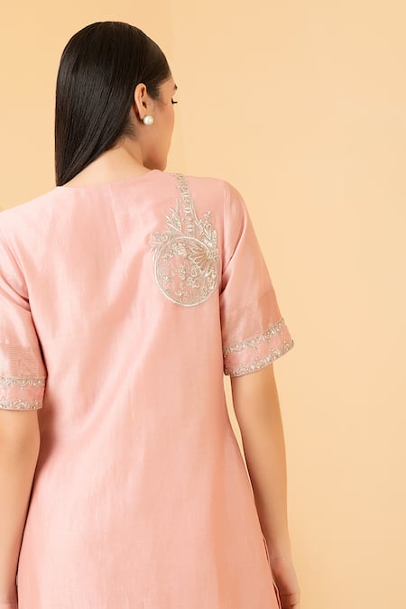 Divi By Sonal Khandelwal Chanderi Asymmetric Embroidered Tunic With Pant 