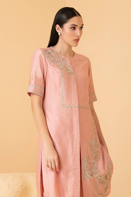 Divi By Sonal Khandelwal_Pink Chanderi Pearls, Sequins Round Neck Asymmetric Embroidered Tunic With Pant _Online_at_Aza_Fashions