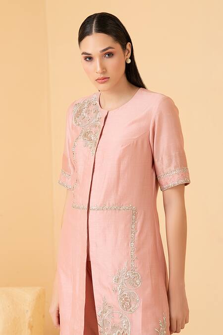 Buy_Divi By Sonal Khandelwal_Pink Chanderi Pearls, Sequins Round Neck Asymmetric Embroidered Tunic With Pant _Online_at_Aza_Fashions
