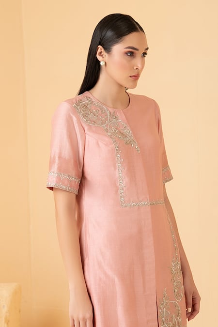 Shop_Divi By Sonal Khandelwal_Pink Chanderi Pearls, Sequins Round Neck Asymmetric Embroidered Tunic With Pant _Online_at_Aza_Fashions