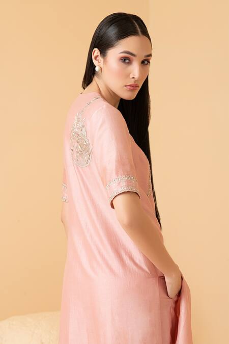 Divi By Sonal Khandelwal_Pink Chanderi Pearls, Sequins Round Neck Asymmetric Embroidered Tunic With Pant _at_Aza_Fashions