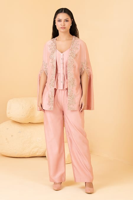 Divi by sonal khandelwal Chanderi Floral Embroidered Cape Pant Set 