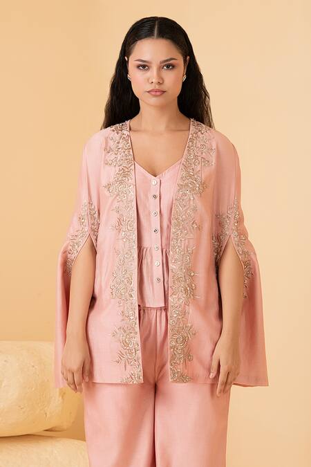 Buy_Divi By Sonal Khandelwal_Pink Chanderi Pearls, Sequins, Zari V-neck Floral Embroidered Cape Pant Set _Online_at_Aza_Fashions